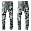 الجينز الرجالي للرجال RIP Slim Fit Pants Skinny Pants Black Star Patches يرتدي جينز راكب الدراجة النارية تمتد دراجة نارية للدراجة النارية من سحاب طويل مستقيم مع حفرة زرقاء