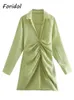 Down Collar Solid Green Casual Ruched Camiseta Side Zipper Women High Streetwear Summer Spring Vestidos Beach 220514