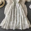 Francés verano playa Dres cuello en V una línea Floral gasa Vestidos Mujer Boho blanco bata larga 220517