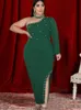 Plus Size Dresses Green Women Sexy One Shoulder Long Sleeve Bodycon Slit Evening Party Event Occasion Beads Prom Gown DressPlus