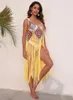Stroje kąpielowe damskie 2022 długa sukienka plażowa z frędzlami kobieta seksowna szydełka drążą Fringe osłona do bikini Up strój kąpielowy Coverups Bodycon dzianina słońce