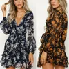 Kadınlar Uzun Kollu V yaka gevşek fener kollu moda çiçek elbise sonbahar yaz gündelik seksi çiçekler baskı elbiseleri 220518