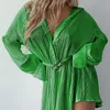 Ootn grön vintage bälte veckade skjorta klänningar mode långärmad kort klänning kvinnor vår mini hög midja elegant mantel 220511