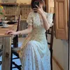 Vintage Floral Dress Women Elegant Lace Chiffon Korean Party Puff Sleeve V Neck Midi Fall es for 220418