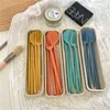 Portable Reusable Spoon Fork Travel Picnic Chopsticks Wheat Straw Tableware Cutlery Set With Carrying Box For dent Office Y220530