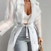 Women's Jackets Women's Women Fashion See Through Outdoor Tops Lace Up Spring Solid Sheer Mesh Long Sleeve Buttoned Coat With Belt