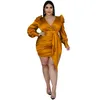 Robes de grande taille 5XL femmes robe taille haute col en V manches bouffantes tenues mode épissure solide Vintage élégant surdimensionné bureau dame