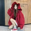 Kadın Ceketleri 2022 Sonbahar Kış Kırmızı Kapşonlu Öğrenci Ceket Kadın Moda Harajuku Kız Uzun kollu fırfırlı katlar gevşek büyük boylu dış giysiler