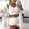 Kvinnors Tracksuits Försäljning Kvinnor Coral Velvet Pyjamas Set Sexy Fleece Fluffy 3 Piece Cardigan Crop Tops Shorts Suit Casual Sleepwear Tracksuit