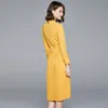 women's quality fashion medium and long sleeve ear collar lemon yellow slim dress 220418