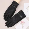 Five Fingers Gloves Autumn Winter Women Warm Leather Metal Button Dot Touch Screen Driving Glove Plus Plush Cotton Windproof Cycling Mitten