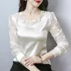 Women's Blouses & Shirts M-4XL Elegant Long Sleeve Lace Shirt Stitching Satin Blouse Fashion Women Flower Pullover Tops Casual ClothingWomen