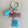 Keychains Aztec Thunderbird Print Leather Cross Keychain Velvet Tassel Cow Ear Tag Key Chain Bag Charm Rings Wholesale