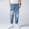 Men's Jeans Ripped For Men Loose Fit Cropped Pants Light Blue Patchwork Distressed Hip Hop Ankle Length Baggy Wide Leg TrousersMen's