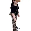 Летняя девочка набор детских детей черная футболка с разделенными леопардовыми брюками 2pcs одежда костюма для детей наряды