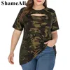 Plus maat gescheurde holle out camouflage printen teten vrouwen zomer streetwear veter omhoog korte mouw t shirts tops 210317