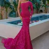 Sexy sequined Mermaid Evening Dresses With Beaded Crystals Long Sleeve Velvet Satin Party Occasion Gowns Pleats Ruffles Prom Dress Wears