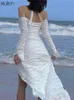 KLALIEN Fashion Elegant French Romantic Solid White Maxi Dresses Women Beach Vacation Style Sexy Off Shoulder Halter Dresses Y220401