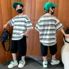 Clothing Sets Kids Suit Hip Hop Short-sleeved T-shirt Black Shorts Boys Simple Striped Half-sleeved Summer Loose Children Student ClothesClo