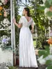 Beige V Neck Tulle A Line Beach Summer Wedding Dresses Women Elegant Flare Short Sleeves Ribbon Belt Ruched Floor Length Bridal Gowns Vestido Largo Cps3014