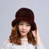 Fur Cap dames echte nertsen bont hoed brede brei breier rose winter warm bruin zwart