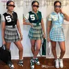 Kvinnor Broder Kortärmad Baseball Tracksuits 2022 Sommar Plaid Printed Kjol Set Fashion Two Piece Sportwear