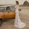 2022 Mermaid Wedding Dress Lace Long Sleeve Backless Boat Neck Sweep Train vestido de boda corte sirena temple bridal gown