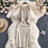 Neue Taste Details Ärmelloses Strick Bodycon Kleid Frauen Sommer Elegante Stretchy Kleid Vintage Solide Kleid Y220413