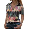 Женская футболка Polo Retro Print Half-Zip V-образный вырезка с коротким рукавом плюс размер Tops Summer Casual Slim Ladies Street Blue Tops 220511