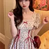 Qweek vestido de renda floral mori estilo menina elegante manga bufante bandagem kawaii fada princesa mini vestidos curtos mulher 220504