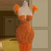 Unique Mermaid Prom Dresses Feathers Orange Party Dresses Beaded Saudi Arabia Custom Made Evening Dress