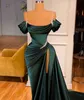 Hunter Green Mermaid Prom Formal -jurken met lange staart 2022 Sexy hoge spleet kralen vlek buiten schouderavond receptie feestjurken