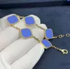 925 Silver Fashion Classic 4 Four Clover Leaf 5 MOS Charm Armband Bangle Chain 18K Gold Agate Shell Mor-of-Pearl för Women343T3384682