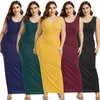 Plus Size Damska Sukienka Lato Poliester Bawełniana Sexy U-Neck Solid Color Long Sukienka Bez Rękawów Dorywczo Spódnice