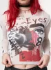 Goth Dark Mesh Gothic Eesthetic See Through Women T Shirts Grunge Sexig tryckt Bodycon Crop Tops Punk E Girl Long Sleeve Clothes 220728