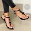 Sandals Beaded Women's Shoes Summer 2022 Casual Flat 40-43 Pint Toe Beach Large Size Patent Leather StitchingSandals