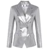 DEAT Autumn Winter Silver Double Breasted Button Outerwear Faux Leather Jacket Women Slim Blazer MG533 201030