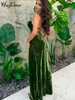 Hugcitar Velvet Slip Swinging kraag mouwloze backless spleet maxi jurk solide val bodycon avondfeest elegant Vestido 220613