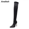 Aneikeh Sexy Bling Striptease Tights Shoes Femmes Goddess Thin Heels High Boots For Woman Over Knee Botines Mujer Dance 220421