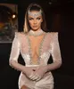 New Arabic Evening Dresses V Neck Long Sleeves Side Split Velvet Crystals Pageant Prom Custom Made Gowns