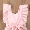 Ny mode sommarflickor Rompers kläder Lossa ärmlös rygglös Romper Casual Solid Pink Lace Jumpsuit G220521