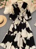 Aibeautyer yaz bir çizgi v boyun çiçek baskısı tam elbise rahat tek göğüslü şifon kazak kadın elbiseler 220518