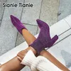 Sianie Tianie Glitter Bling Woman 스트레치 부츠 보라색 실버 격자 무늬 레오파드 섹시한 양말 부티 블록 하이힐 여성 발목 부츠 201102