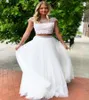 Luxury Two Piece White Prom Dresses With Pearls Sexy A Line Tulle Full Length Evening Dress 2022 Backless Crop Top Lace Formal Party Gowns Women Vestidos De Fiesta 2022