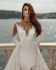 Parels lange mouwen trouwjurken Mermaid Sheer Jewel Bridal Jurns Custom Made Split Disachable Train Vestido de Novia