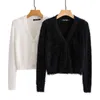 white cropped cardigan women autumn winter fuzzy cardigan v neck long sleeve mohair short knitted fluffy cardigans L220714