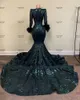 Hunter Green Arabic Aso Ebi Mermaid Evening Dresses with Long Sleeve 2022 Sparkly Sequin Wrist Feathers African Prom Engagement Gown