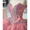 Pink Quinceanera Blush 2022 Dresses Off the Shoulder Tulle Corset Back Beaded Straps Pleats Ruffles Custom Made Sweet 16 Princess Birthday Party Ball Gown