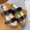 Dames Mens Designer Muile Hules Sliders Luxe Leer Lage Mule Bom Dia Golden Gesp Twee riemen Sandal Summer Flip Flops 35-46 No35