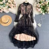 AibeauTyer Spring Autumn Autumn Lace Hollow Out Dress A Line O Lecn Floral Print High Weist Mid Galf Women Dresses 220514